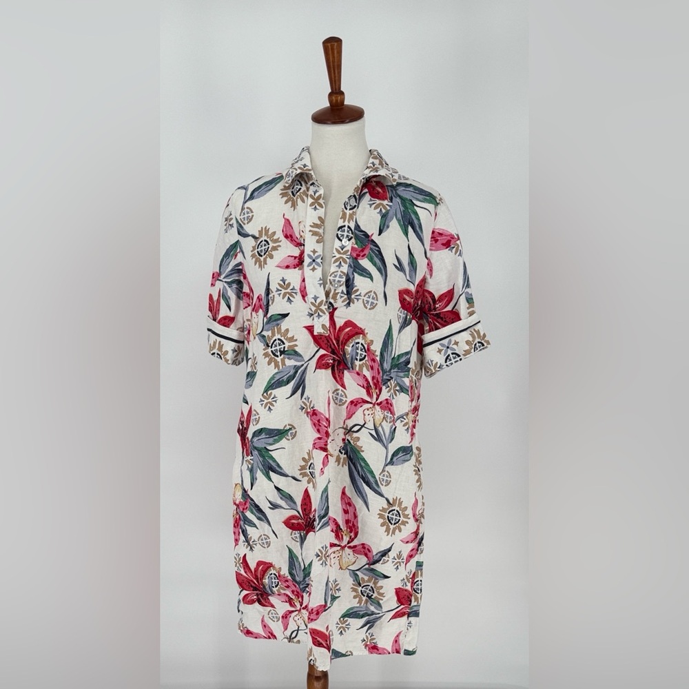 Chico's Multi-Color Print Knee Length Dress 100% Linen Sz. 1
